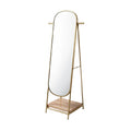 Modern Standing Mirror with Gold Frame and Wooden Base