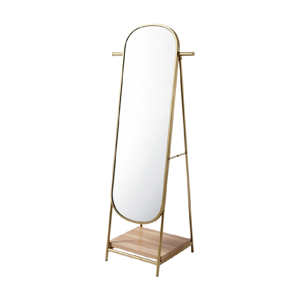 Modern Standing Mirror with Gold Frame and Wooden Base